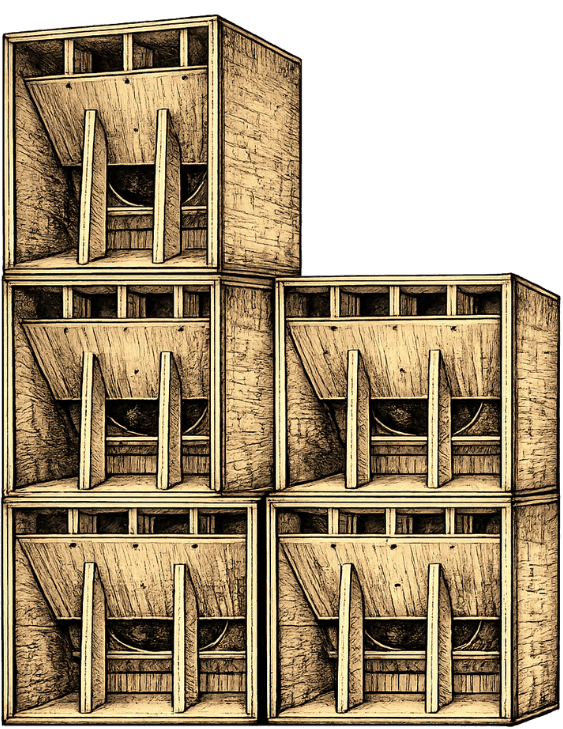 Illustration of a stack of bass bin speaker cabinets